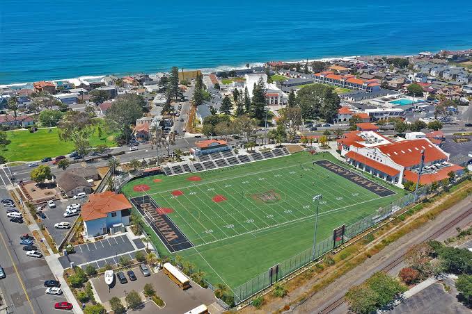 Aerial view of the Army and Navy Academy coastal campus and athletic field in Carlsbad, California